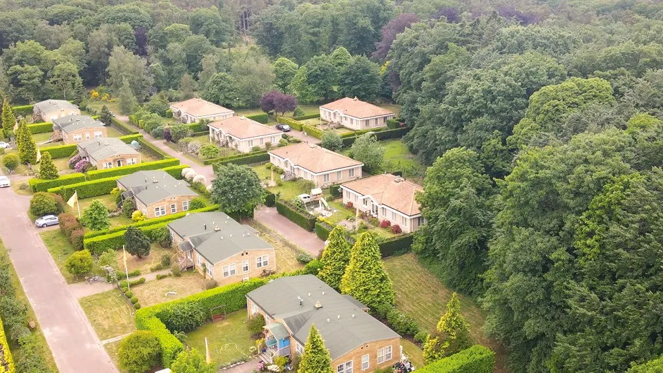 Aerial view of a residential community of single-story houses with well-maintained gardens, separated by neatly trimmed hedges, set against a backdrop of dense verdant forest